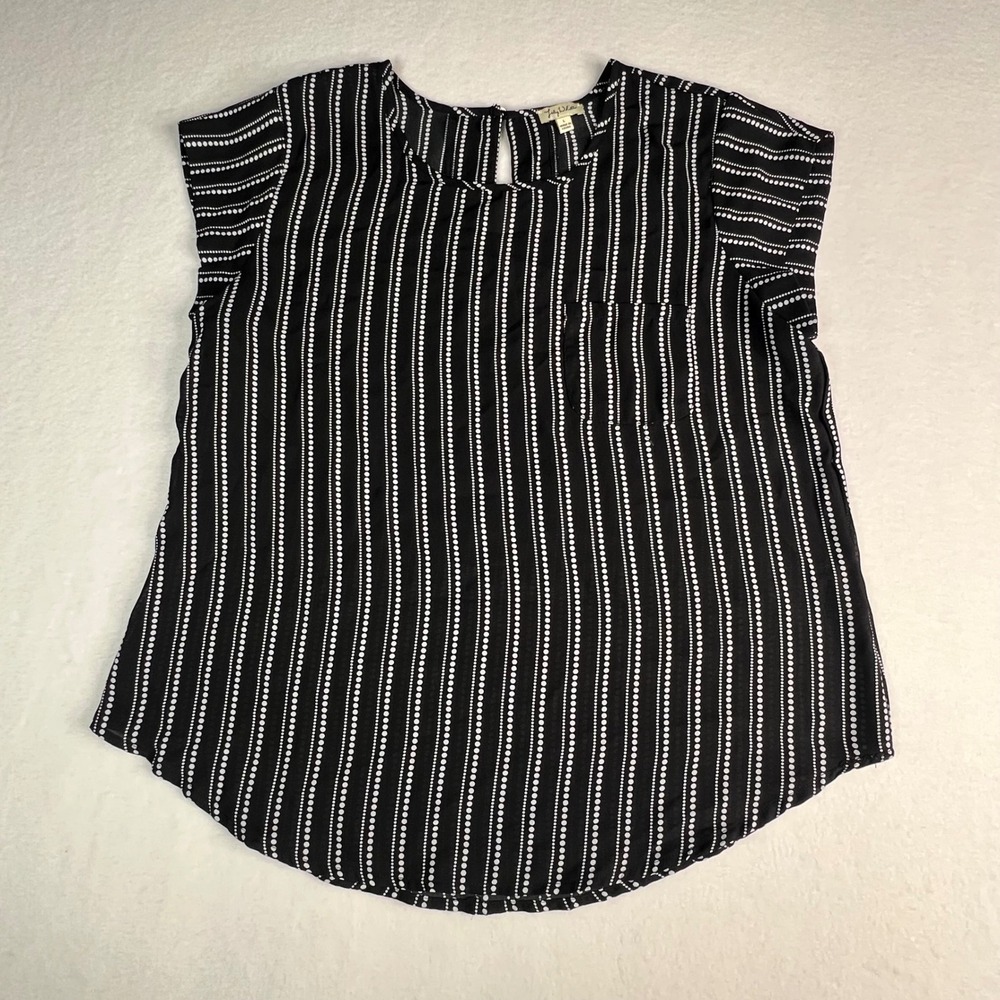 Lily White Womens Black White Polka Dot Striped Cap Sleeve Blouse Large Dressy